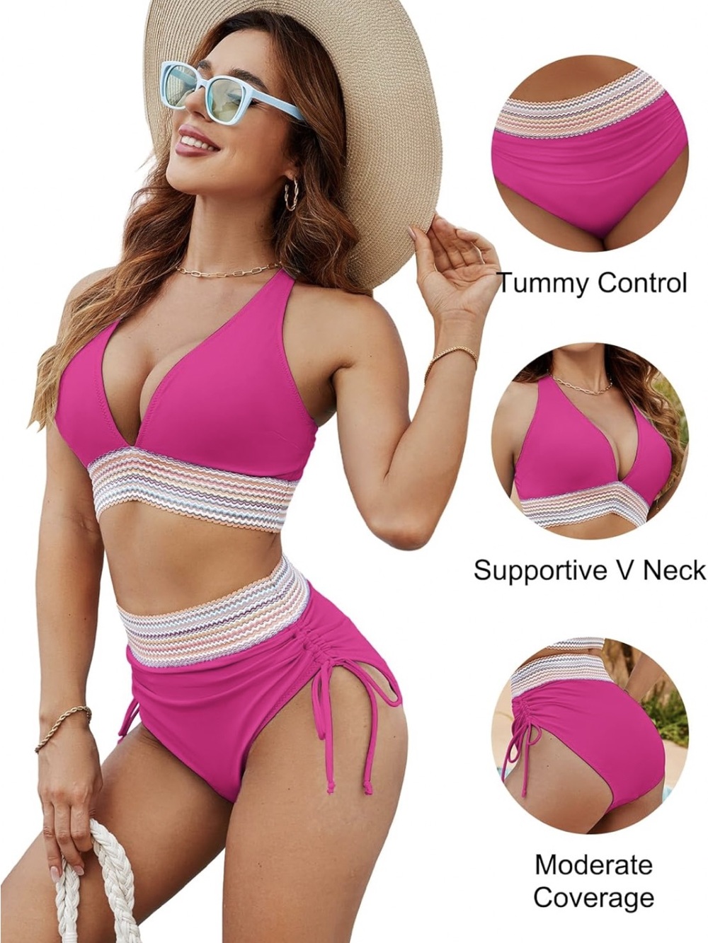 NWT! Women’s Hot Pink V-Neck High-Waist Bikini Set with Tummy Control